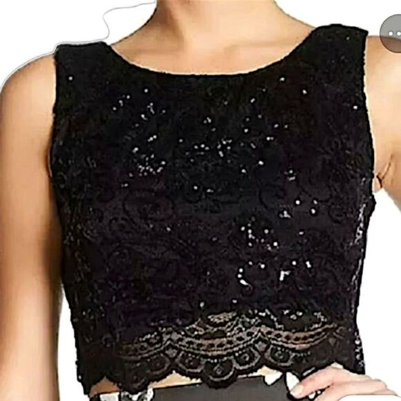 Lace Sequin Cropped Top Sz 13 L Black Romantic Witchy Goth Whimsigoth Sexy Bling - Picture 10 of 16